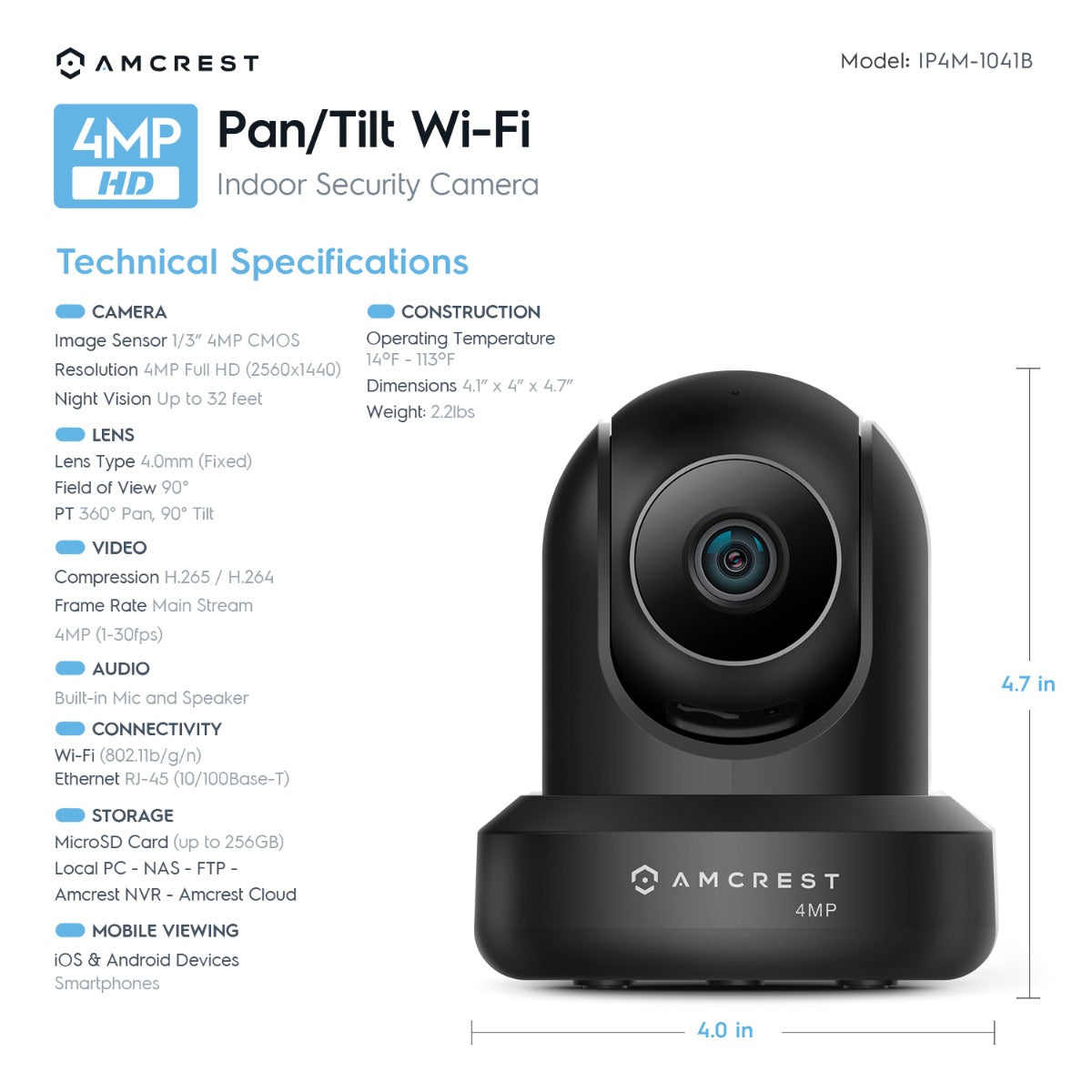 Amcrest Refurbished 4MP ProHD Indoor WiFi IP Camera Pan/Tilt Black REP-IP4M-1041B