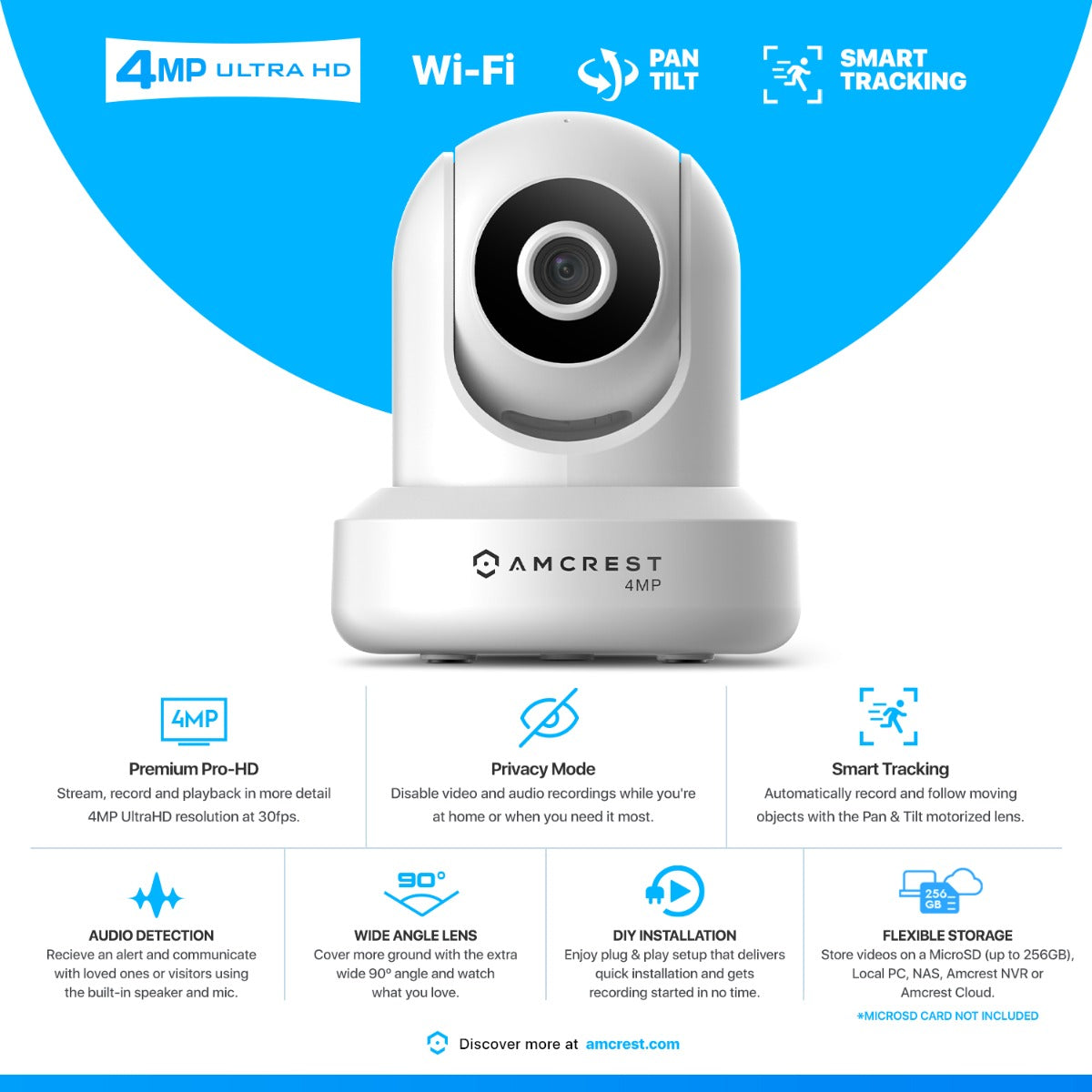 Amcrest 4MP Indoor Security WiFi Camera Pan/Tilt 90° FOV White IP4M-1041W