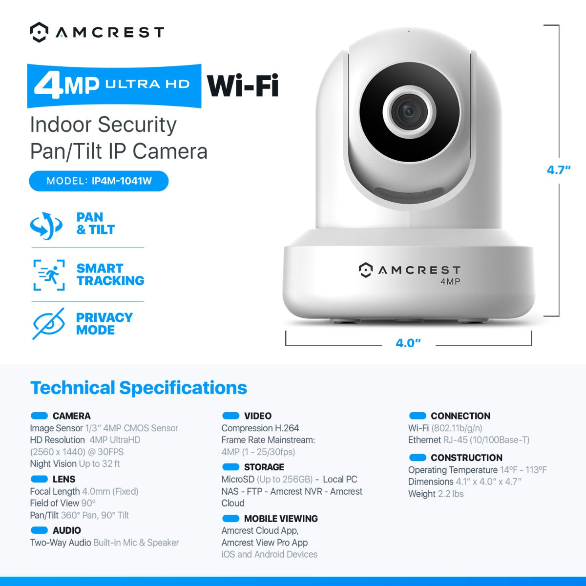 Amcrest 4MP Indoor Security WiFi Camera Pan/Tilt 90° FOV White IP4M-1041W
