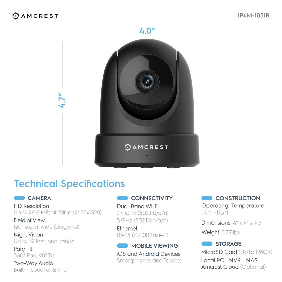 Amcrest Refurb 4MP WiFi Camera Dome PanTilt 5ghz/2.4ghz REP-IP4M-1051B