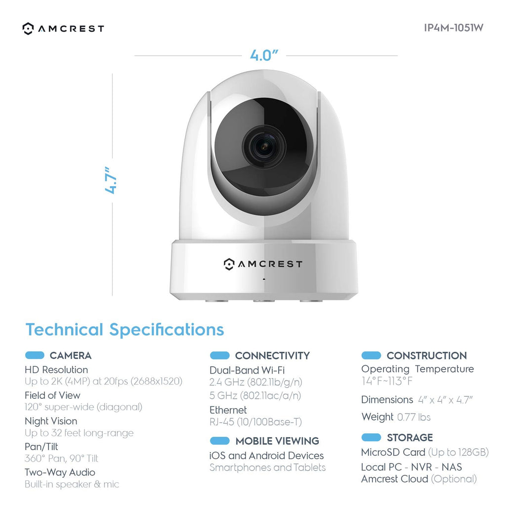Amcrest Refurb 4MP WiFi Camera Dome PanTilt 5ghz/2.4ghz REP-IP4M-1051W