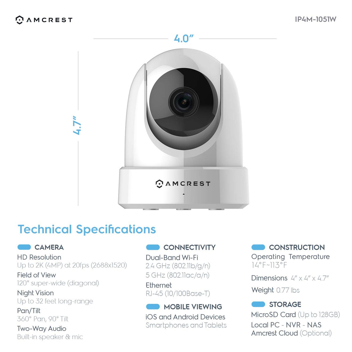 Amcrest Refurb 4MP WiFi Camera Dome PanTilt 5ghz/2.4ghz REP-IP4M-1051W