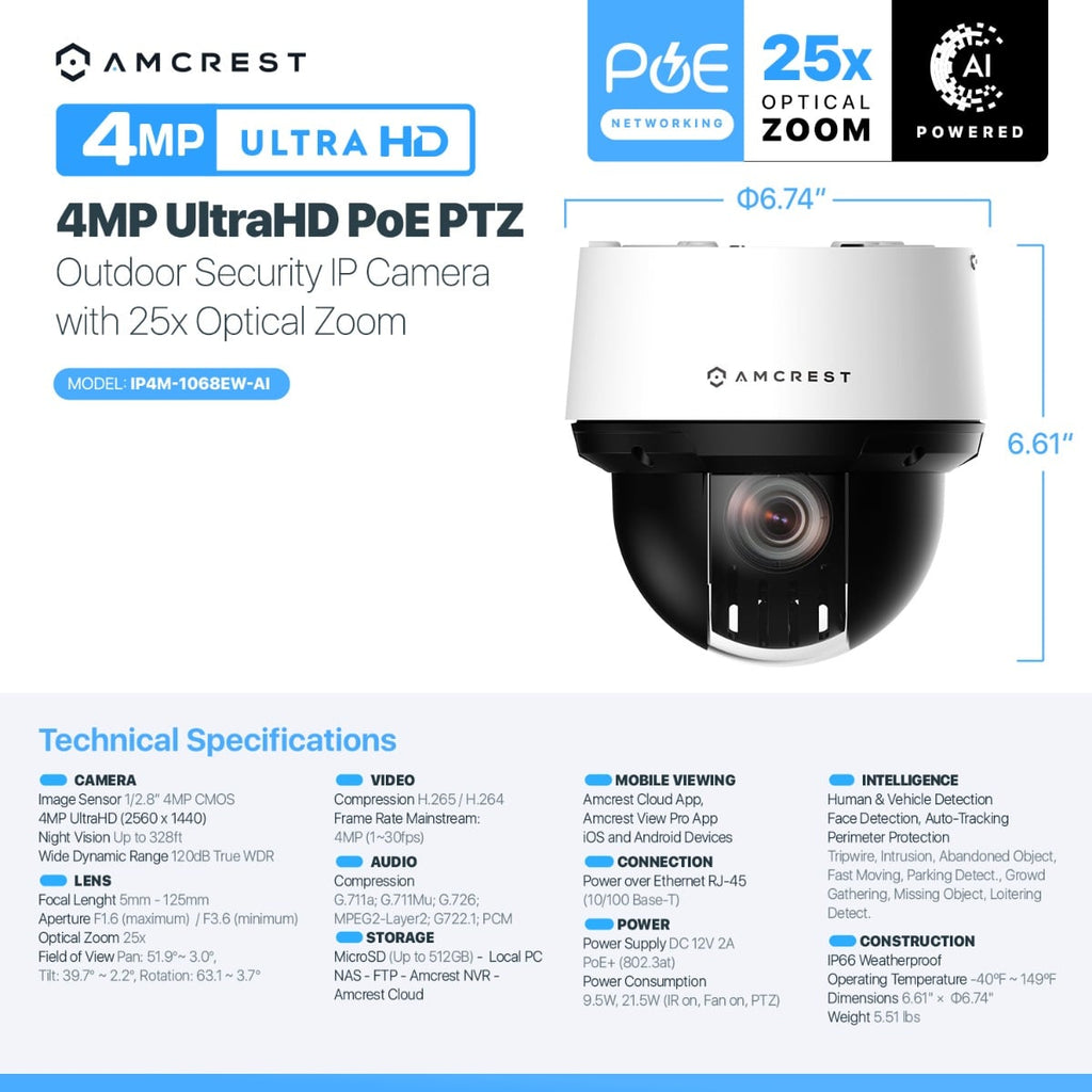 Amcrest 4MP Outdoor PTZ POE+ IP Camera PTZ Optical 25x IP4M-1068EW-AI