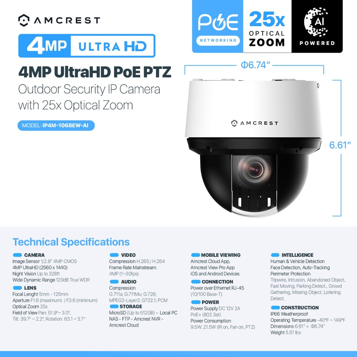 Amcrest 4MP Outdoor PTZ POE+ IP Camera PTZ Optical 25x IP4M-1068EW-AI