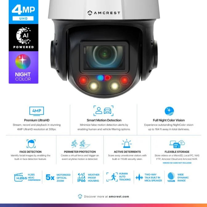 Amcrest 4MP Outdoor PTZ POE+ IP Camera PTZ 5X Optical Zoom IP4M-1098EW-AI