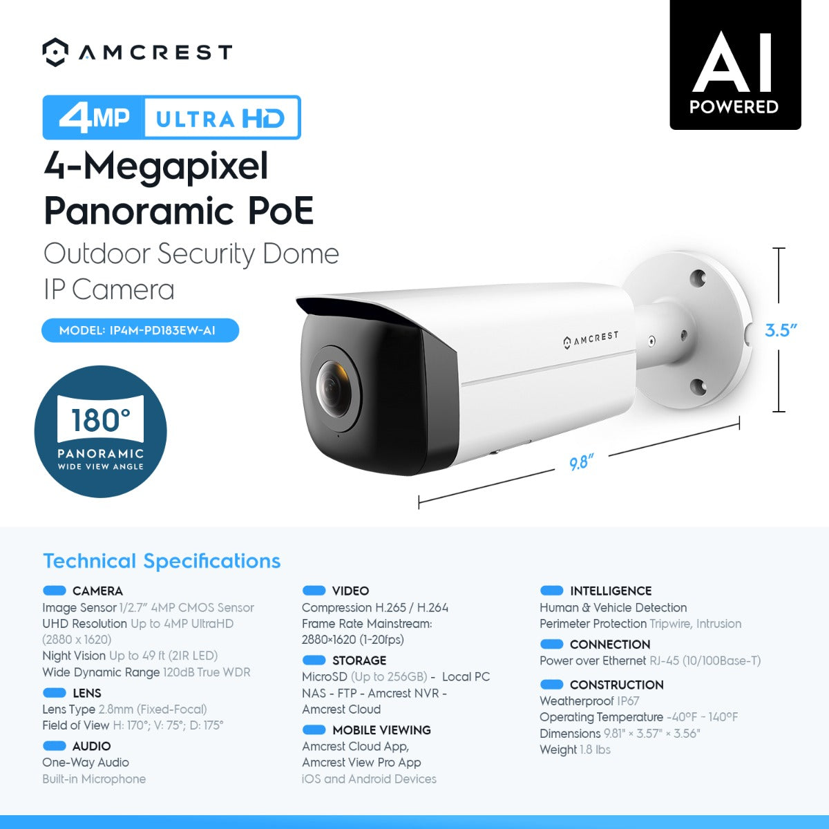 Amcrest 4MP Panoramic AI IP PoE Camera 180° FOV IP4M-PB181EW-AI