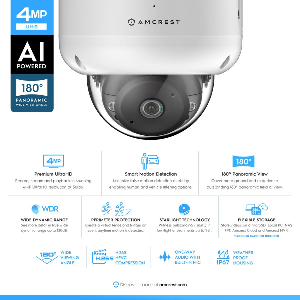 Amcrest 4MP Panoramic AI IP PoE Camera 180° FOV IP4M-PD183EW-AI