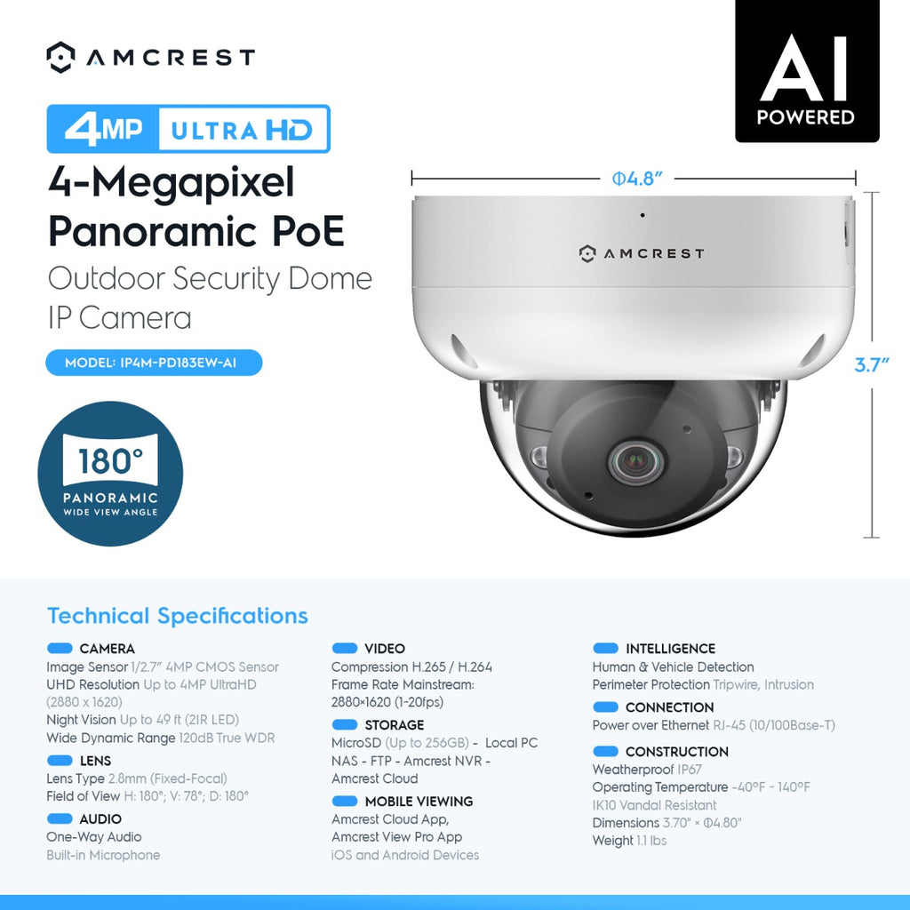 Amcrest 4MP Panoramic AI IP PoE Camera 180° FOV IP4M-PD183EW-AI