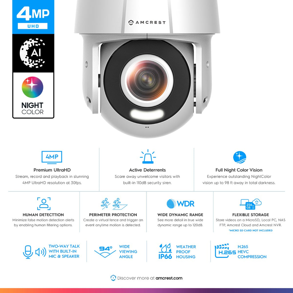 Amcrest 4MP Outdoor PT POE AI IP Camera Pan Tilt Security Speed Dome, Human Detection, Tripwire & Intrusion, POE (802.3at) IP4M-SN2110EW-AI
