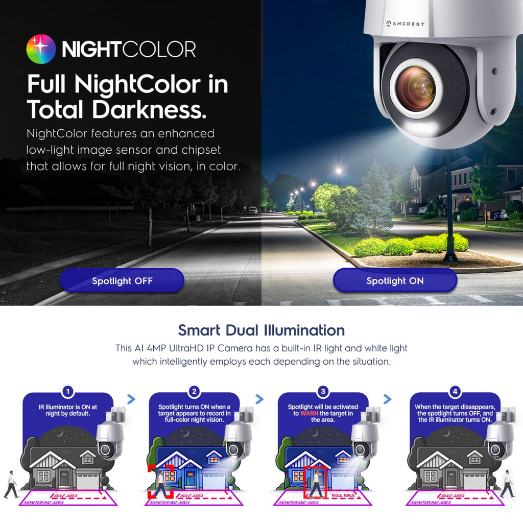 Amcrest 4MP Outdoor PT POE AI IP Camera Pan Tilt Security Speed Dome, Human Detection, Tripwire & Intrusion, POE (802.3at) IP4M-SN2110EW-AI