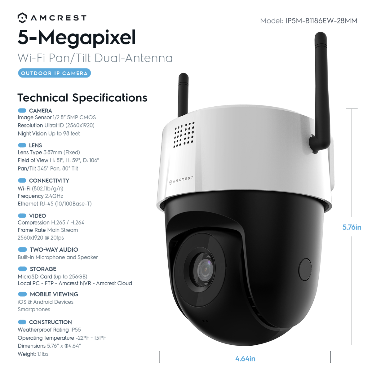 Amcrest 5MP UltraHD Mini Outdoor WiFi Camera, Security IP Camera with Manual Pan/Tilt, Two-Way Audio, Full Color Night Vision, Remote Viewing, 5-Megapixel, Wide 106° FOV,  IP5M-1190W (White)
