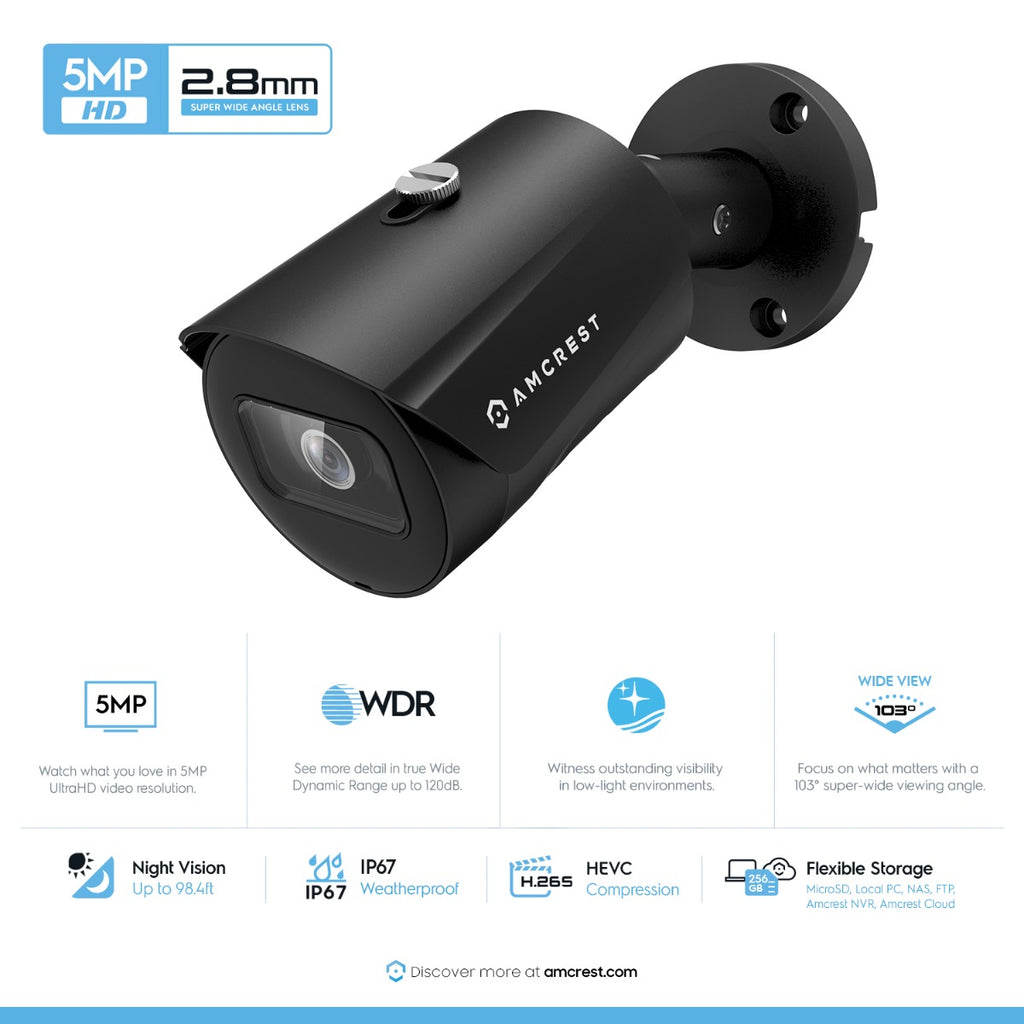 Amcrest 5MP Security Camera System, 4K 8CH PoE NVR, (4) x 5-Megapixel 2.8mm Wide Lens Weatherproof Metal Bullet PoE IP Cameras, Pre-Installed 2TB Hard Drive, NV4108E-IP5M-B1186EB4-2TB (Black)
