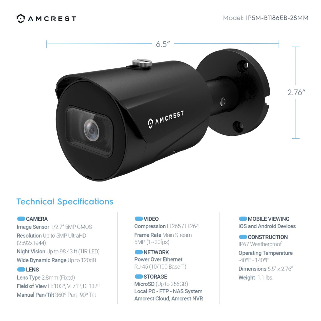 Amcrest 5MP Security Camera System, 4K 8CH PoE NVR, (4) x 5-Megapixel 2.8mm Wide Lens Weatherproof Metal Bullet PoE IP Cameras, Pre-Installed 2TB Hard Drive, NV4108E-IP5M-B1186EB4-2TB (Black)
