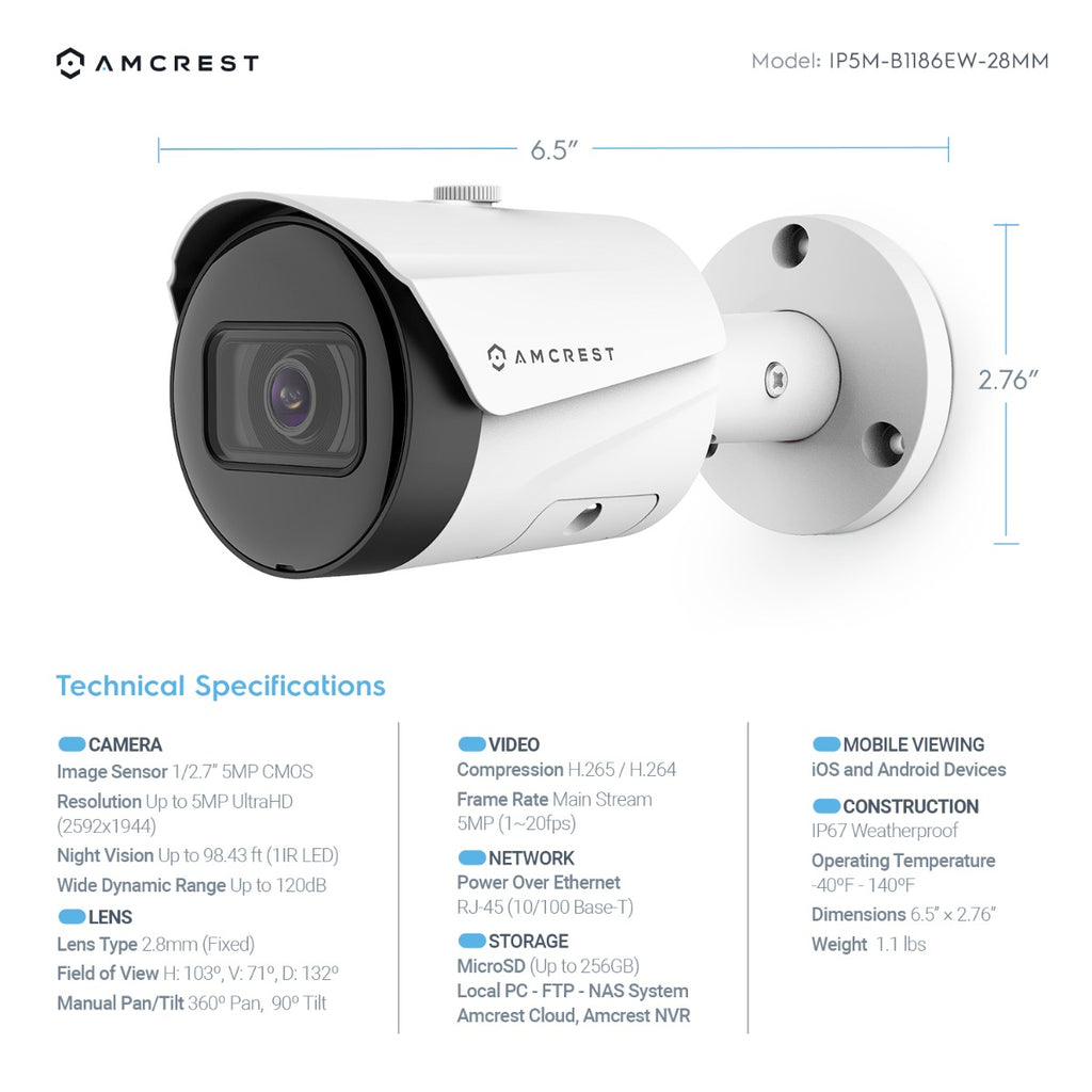 Amcrest 5MP Security System 8CH PoE NVR 4x 5MP Bullet PoE Cameras 2TB