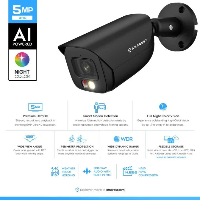 Amcrest 5MP Security Camera System, 4K 8CH PoE NVR, (4) x 5-Megapixel Night Color Bullet POE IP Cameras, Active Deterrent, Pre-Installed 2TB Hard Drive, NV4108E-B1276EB4-2TB (Black)