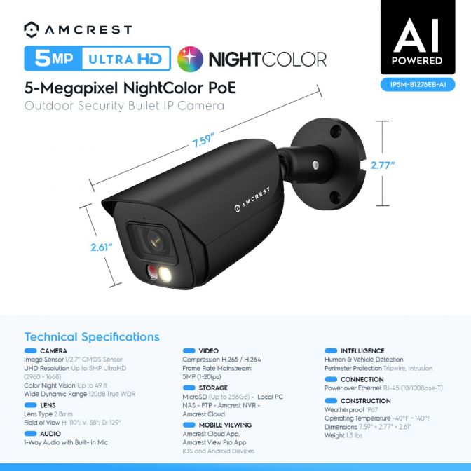 Amcrest 5MP Security Camera System, 4K 8CH PoE NVR, (4) x 5-Megapixel Night Color Bullet POE IP Cameras, Active Deterrent, Pre-Installed 2TB Hard Drive, NV4108E-B1276EB4-2TB (Black)