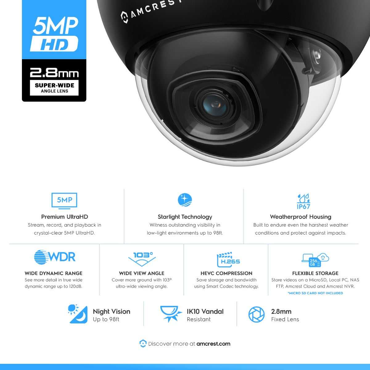 Amcrest 5MP Security System 8CH PoE NVR 4x 5MP Dome PoE Cameras 2TB Black