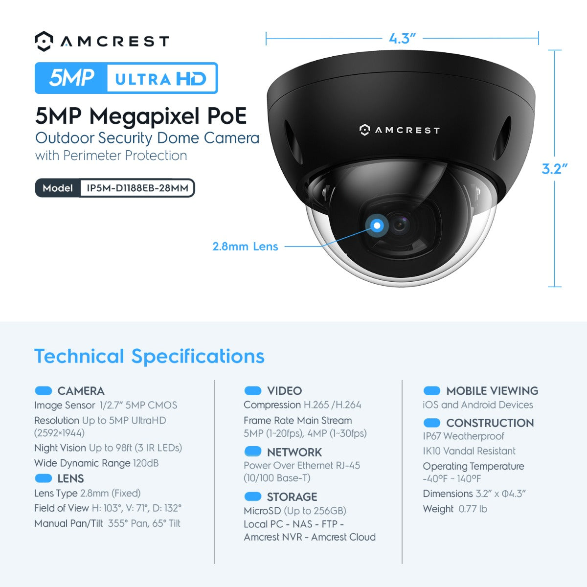 Amcrest 5MP Security System 8CH PoE NVR 4x 5MP Dome PoE Cameras 2TB Black