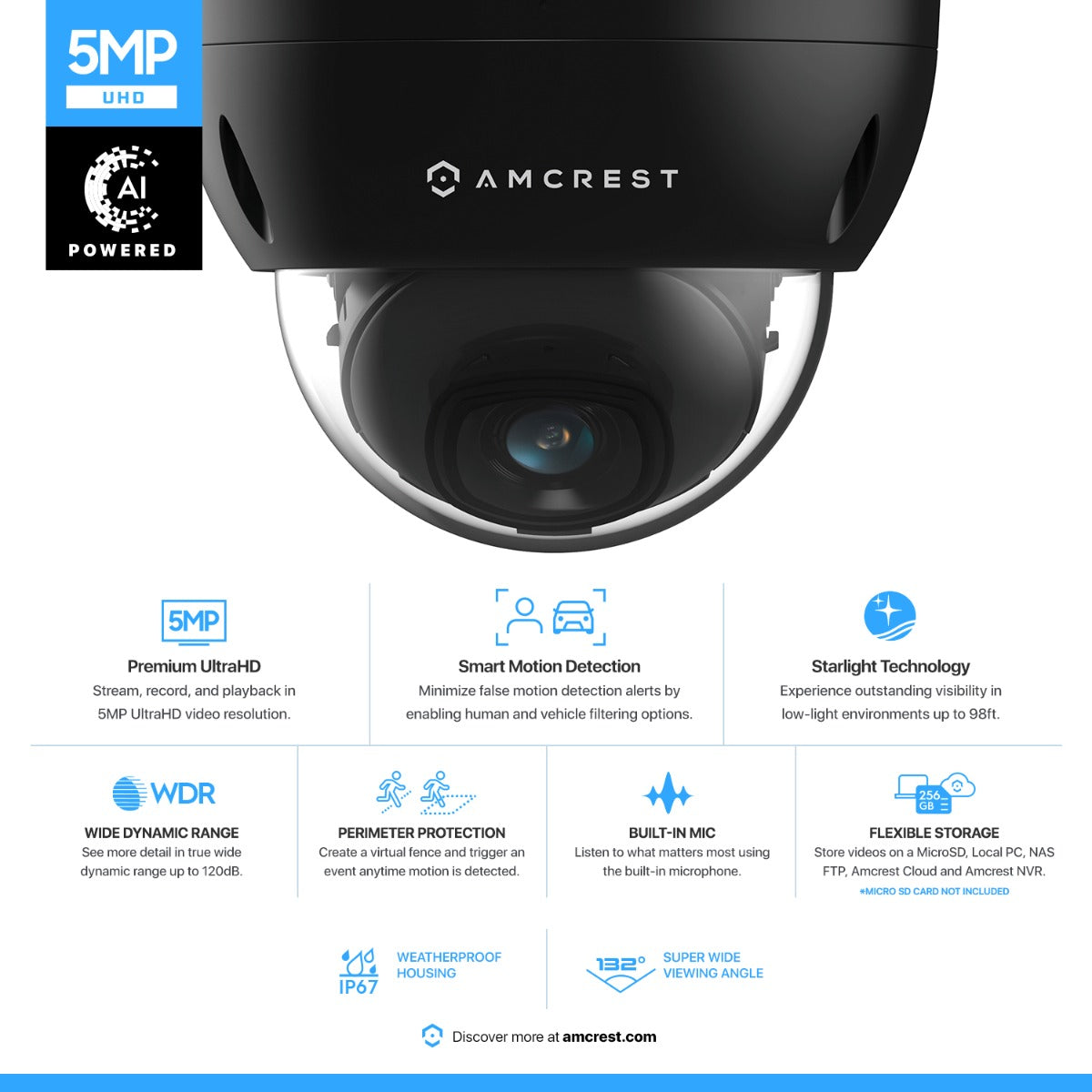 Amcrest 5MP Outdoor Security Dome IP PoE Camera IP5M-D1188EB-AI-V3