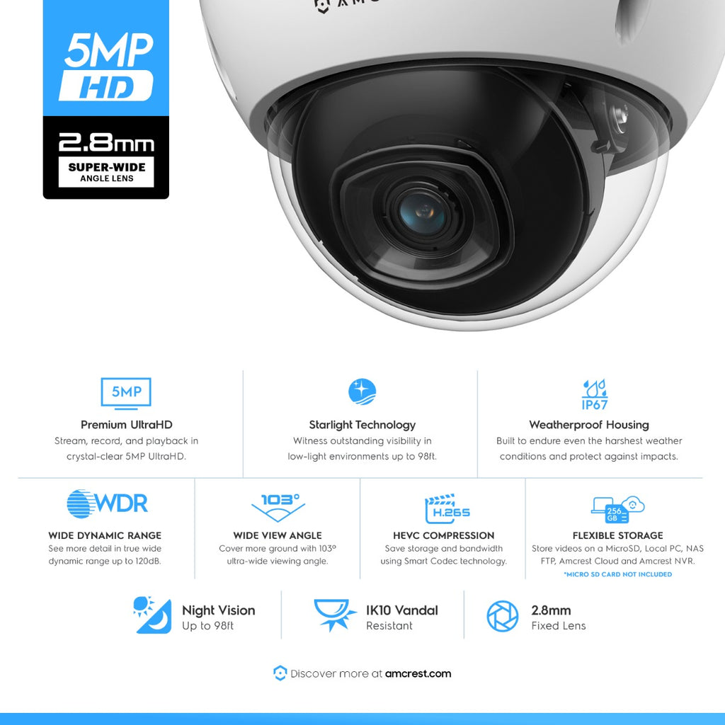 Amcrest 5MP Security System 8CH PoE NVR 4x 5MP Dome PoE Cameras 2TB