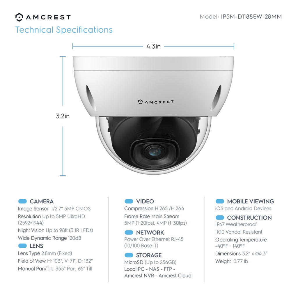 Amcrest 5MP System 16CH 8-Port PoE NVR 8x 5MP Dome PoE IP Cam 3TB HDD