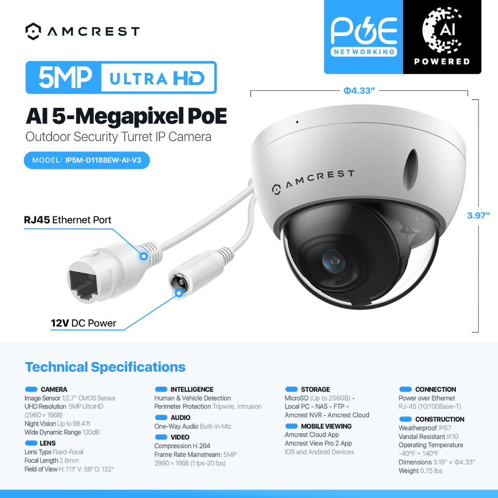 Amcrest 5MP Outdoor Security Dome IP PoE Camera IP5M-D1188EW-AI-V3
