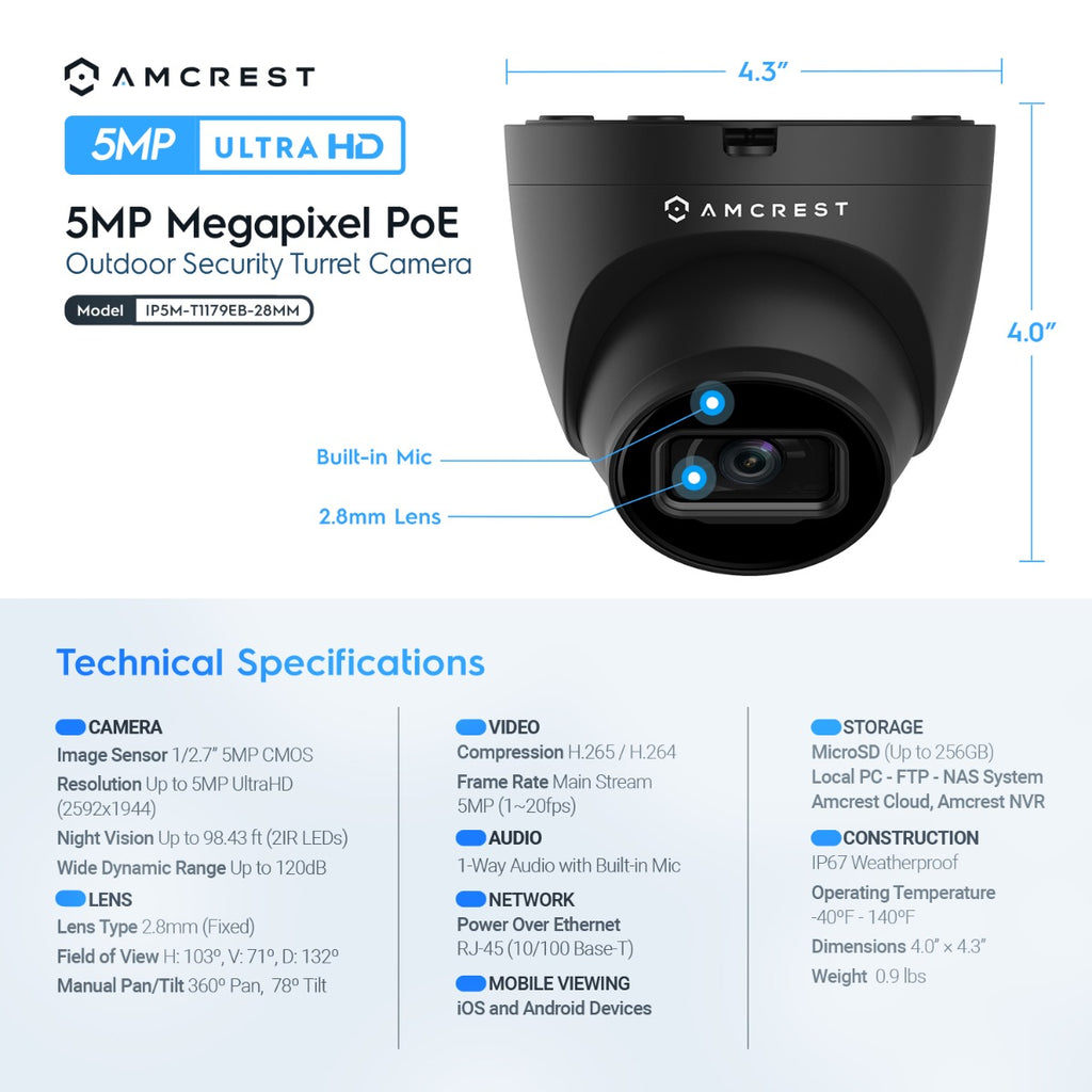 Amcrest Refurbished ProHD Outdoor Security IP Turret PoE Camera, 5-Megapixel, 98ft NightVision, 2.8mm Lens, IP67 Weatherproof, MicroSD Recording (256GB), Black (REP-IP5M-T1179EB-28MM)