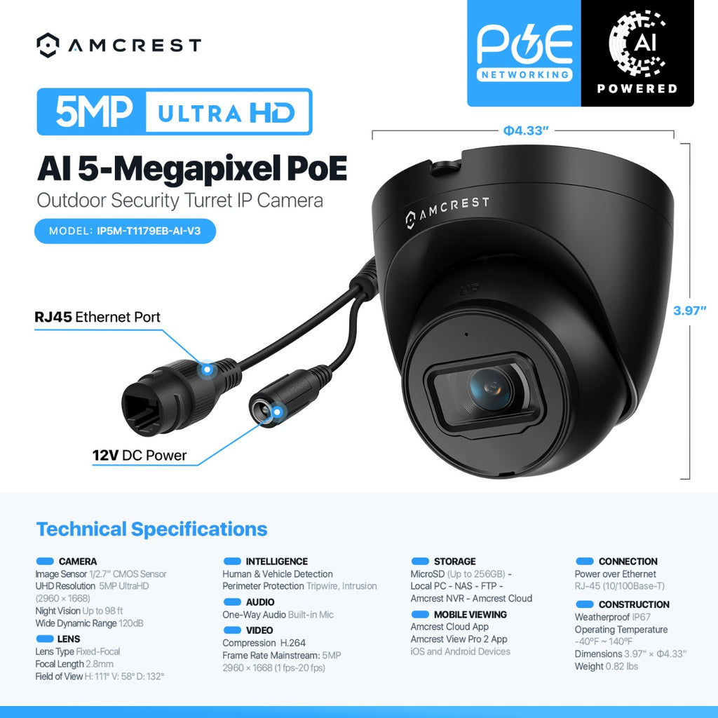 Amcrest ProHD Outdoor Security IP Turret PoE Camera, 5-Megapixel, 98ft NightVision, 2.8mm Lens, IP67 Weatherproof, MicroSD Recording (256GB), Black (IP5M-T1179EB-AI-V3)