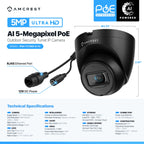 Amcrest ProHD Outdoor Security IP Turret PoE Camera, 5-Megapixel, 98ft NightVision, 2.8mm Lens, IP67 Weatherproof, MicroSD Recording (256GB), Black (IP5M-T1179EB-AI-V3)