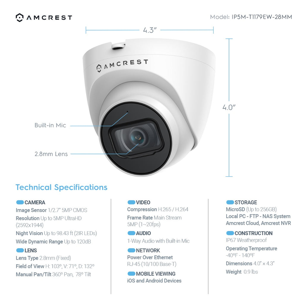 Amcrest 5MP System 16CH 8-Port PoE NVR 8x 5MP Turret IP PoE Cam 3TB