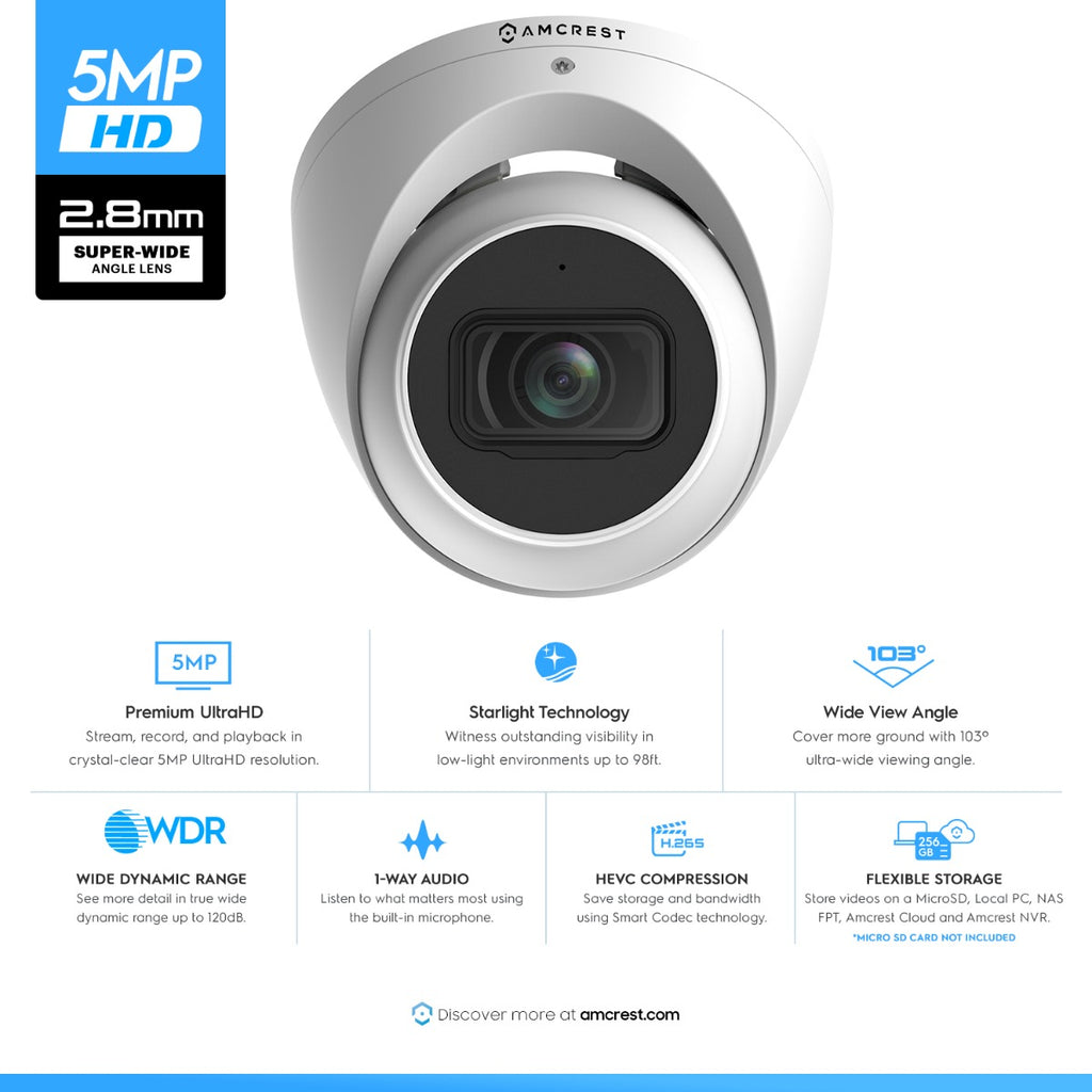 Amcrest Refurbished ProHD Outdoor Security IP Turret PoE Camera, 5-Megapixel, 98ft NightVision, 2.8mm Lens, IP67 Weatherproof, MicroSD Recording (256GB), White (REP-IP5M-T1179EW-28MM)