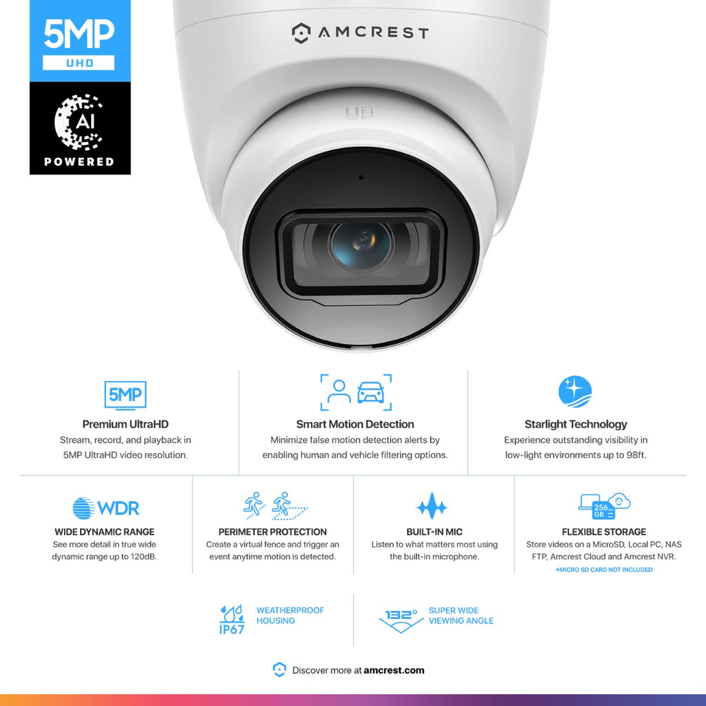 Amcrest ProHD Outdoor Security IP Turret PoE Camera, 5-Megapixel, 98ft NightVision, 2.8mm Lens, IP67 Weatherproof, MicroSD Recording (256GB), White (IP5M-T1179EW-AI-V3)
