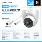 Amcrest ProHD Outdoor Security IP Turret PoE Camera, 5-Megapixel, 98ft NightVision, 2.8mm Lens, IP67 Weatherproof, MicroSD Recording (256GB), White (IP5M-T1179EW-AI-V3)