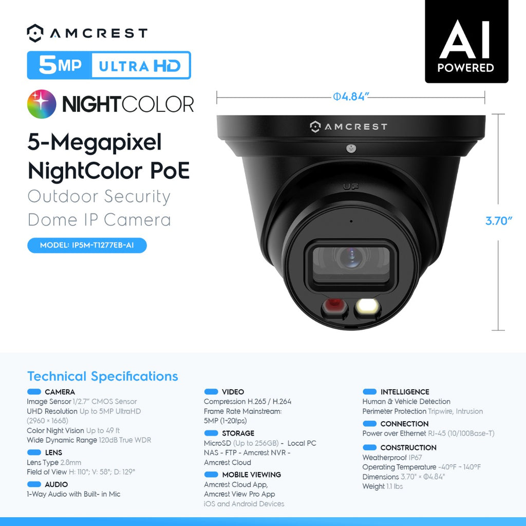Amcrest 5MP AI IP PoE Turret Cam IP5M-T1277EB-AI (Black)