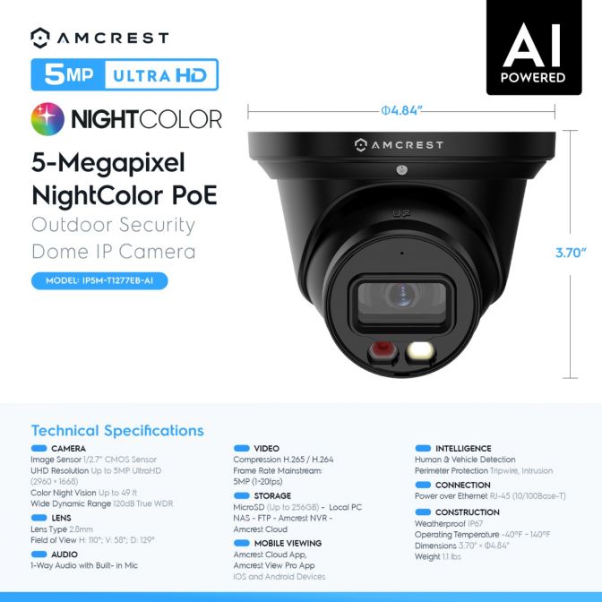 Amcrest 5MP Security Camera System, 4K 8CH PoE NVR, (4) x 5-Megapixel Night Color Turret POE IP Cameras, Active Deterrent, Pre-Installed 2TB Hard Drive, NV4108E-T1277EB4-2TB (Black)