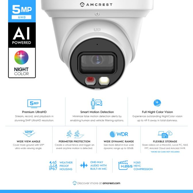 Amcrest 5MP Security Camera System, 4K 8CH PoE NVR, (4) x 5-Megapixel Night Color Turret POE IP Cameras, Active Deterrent, Pre-Installed 2TB Hard Drive, NV4108E-T1277EW4-2TB (White)