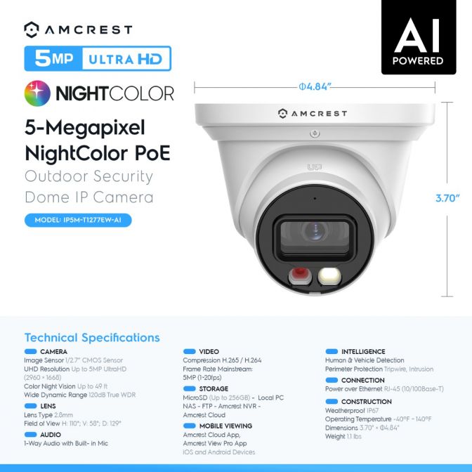 Amcrest 5MP Security Camera System, 4K 8CH PoE NVR, (4) x 5-Megapixel Night Color Turret POE IP Cameras, Active Deterrent, Pre-Installed 2TB Hard Drive, NV4108E-T1277EW4-2TB (White)