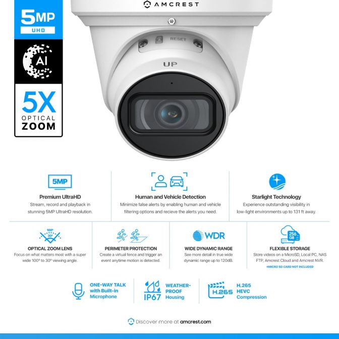 Amcrest 5MP AI IP PoE Camera Turret 5x Optical Zoom IP5M-VT1289EW-AI