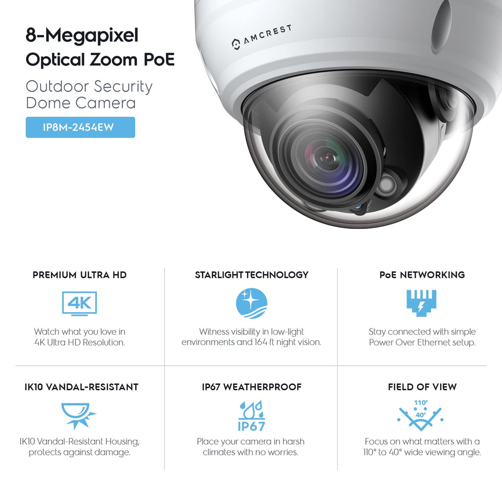 Amcrest UltraHD 4K Varifocal PoE Dome Outdoor Security Camera, 8MP (3264x2448), 164ft Night Vision, Motorized Varifocal Lens 40º-110º, White (IP8M-2454EW)