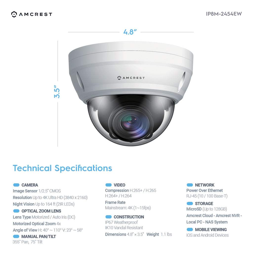 Amcrest UltraHD 4K Varifocal PoE Dome Outdoor Security Camera, 8MP (3264x2448), 164ft Night Vision, Motorized Varifocal Lens 40º-110º, White (IP8M-2454EW)
