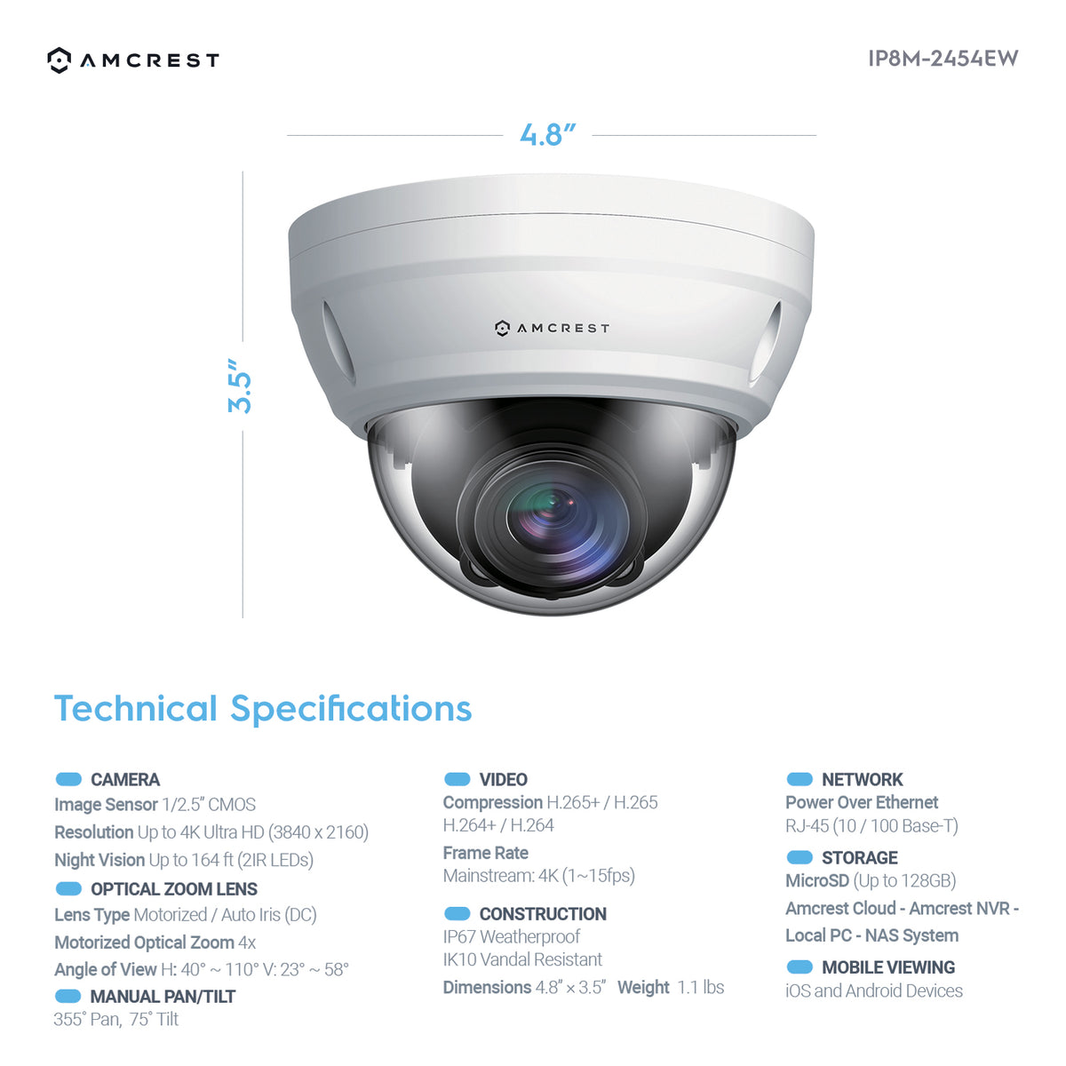 Amcrest UltraHD 4K Varifocal PoE Dome Outdoor Security Camera, 8MP (3264x2448), 164ft Night Vision, Motorized Varifocal Lens 40º-110º, White (IP8M-2454EW)