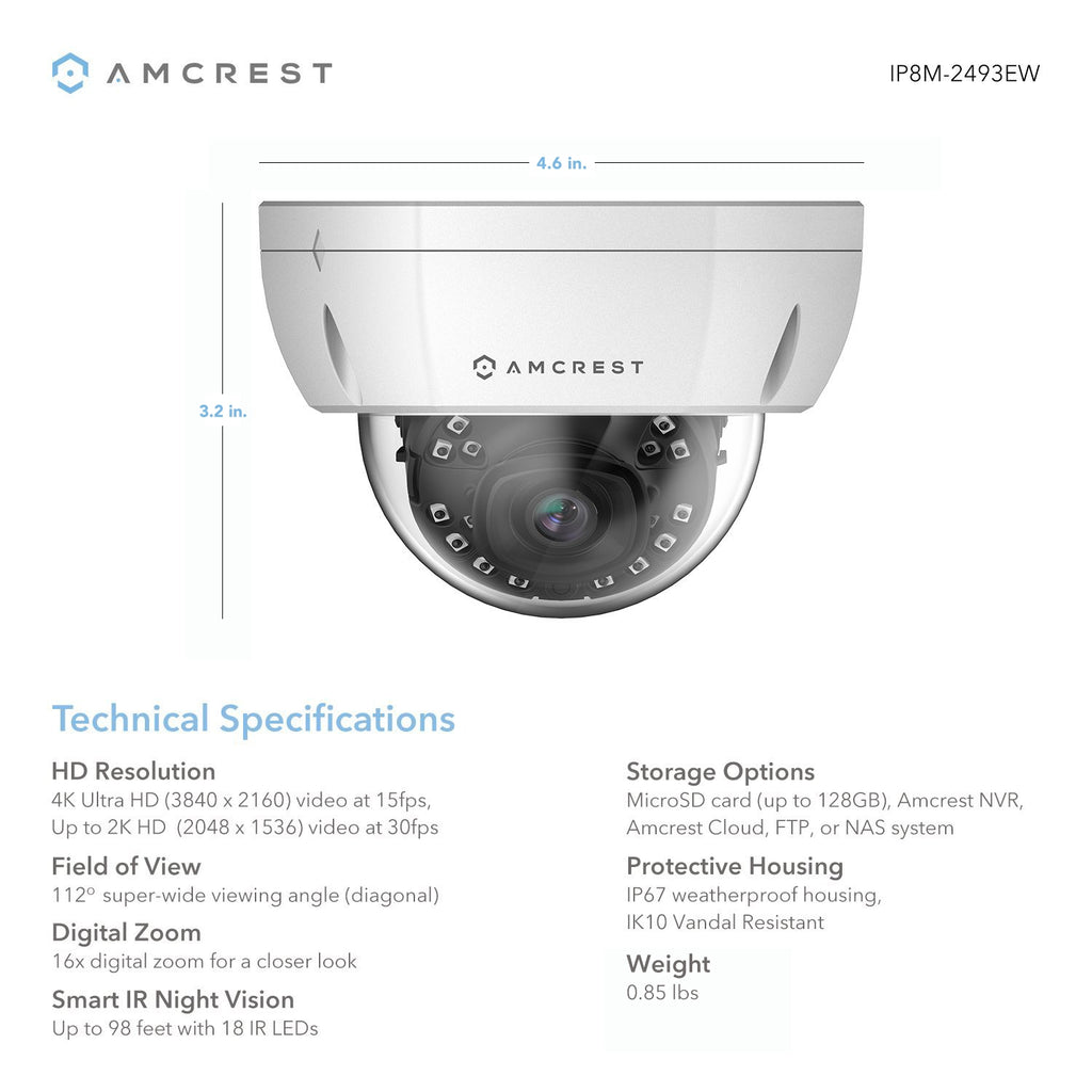 Amcrest 4K 16-Channel Security Camera System w/ H.265 4K NVR, (8) x 4K (8-Megapixel) IP67 Weatherproof Metal Bullet & Dome POE IP Cameras (3840x2160), 2.8mm Angle Lens, 4TB Hard Drive, 98ft Nightvision (White)