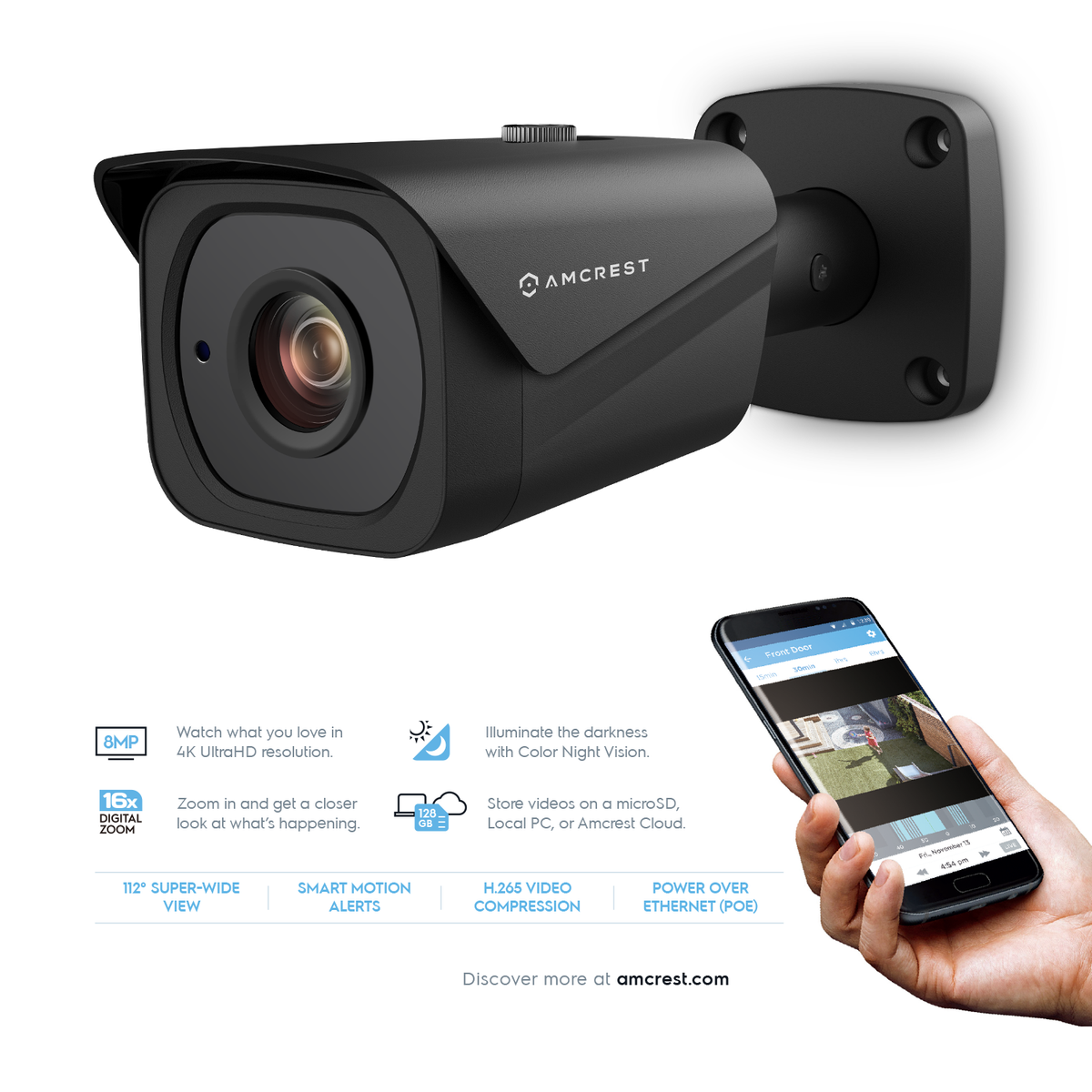 Amcrest UltraHD 4K (8MP) Outdoor Bullet POE IP Camera, 3840x2160, 131ft NightVision, 2.8mm Lens, IP67 Weatherproof, MicroSD Recording, Black (REP-IP8M-2496EB-28MM) (Certified Refurbished)