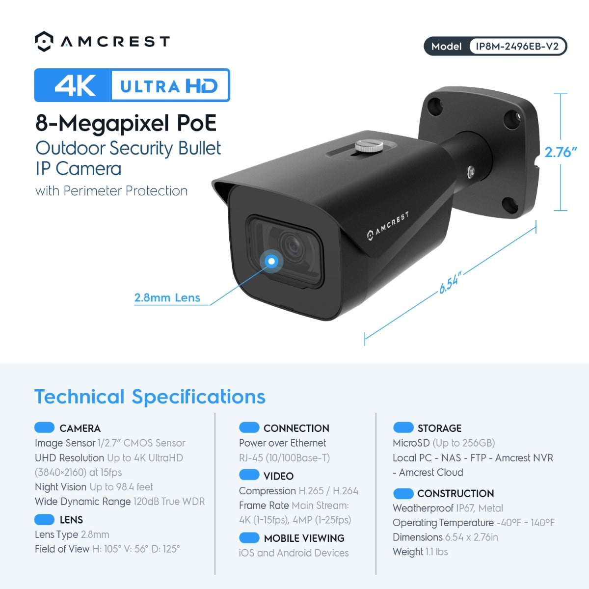 Amcrest 4K Outdoor Bullet PoE IP Camera, Black IP8M-2496EB-V2