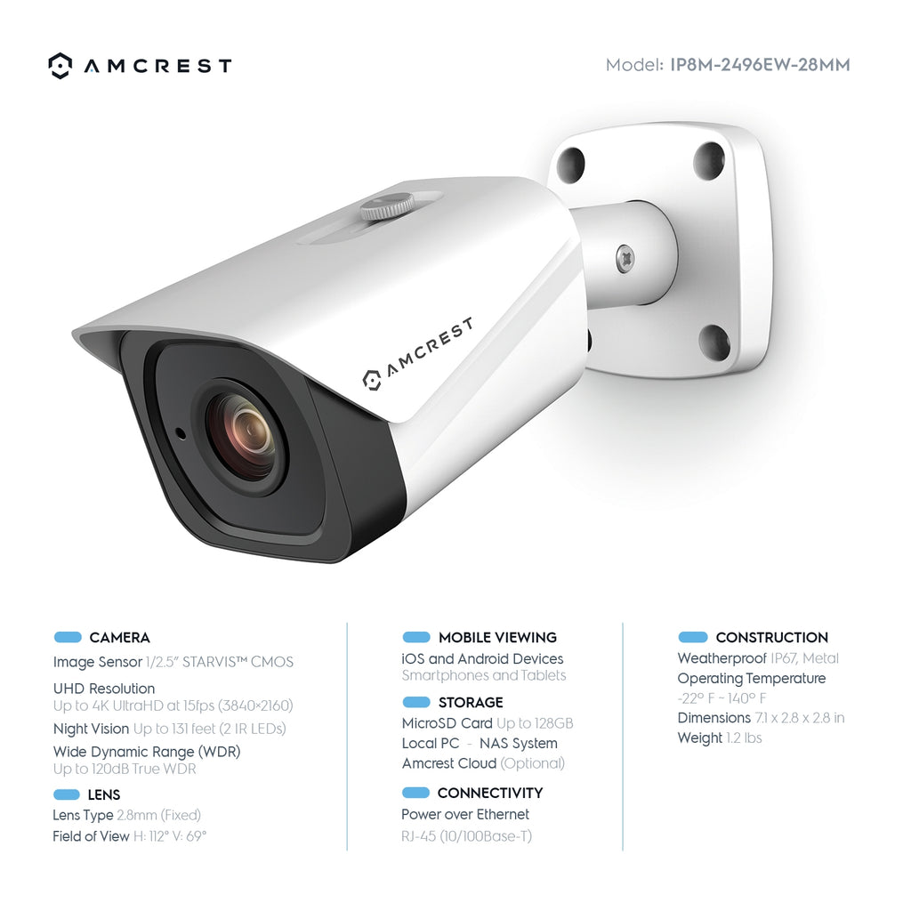 Amcrest 4K Security Camera System w/ 4K 8CH PoE NVR, (4) x 4K (8-Megapixel) IP67 Weatherproof Metal Turret Dome & Bullet POE IP Cameras, Pre-Installed 2TB HDD, NV4108E-T2499EW2-2496EW2-2TB