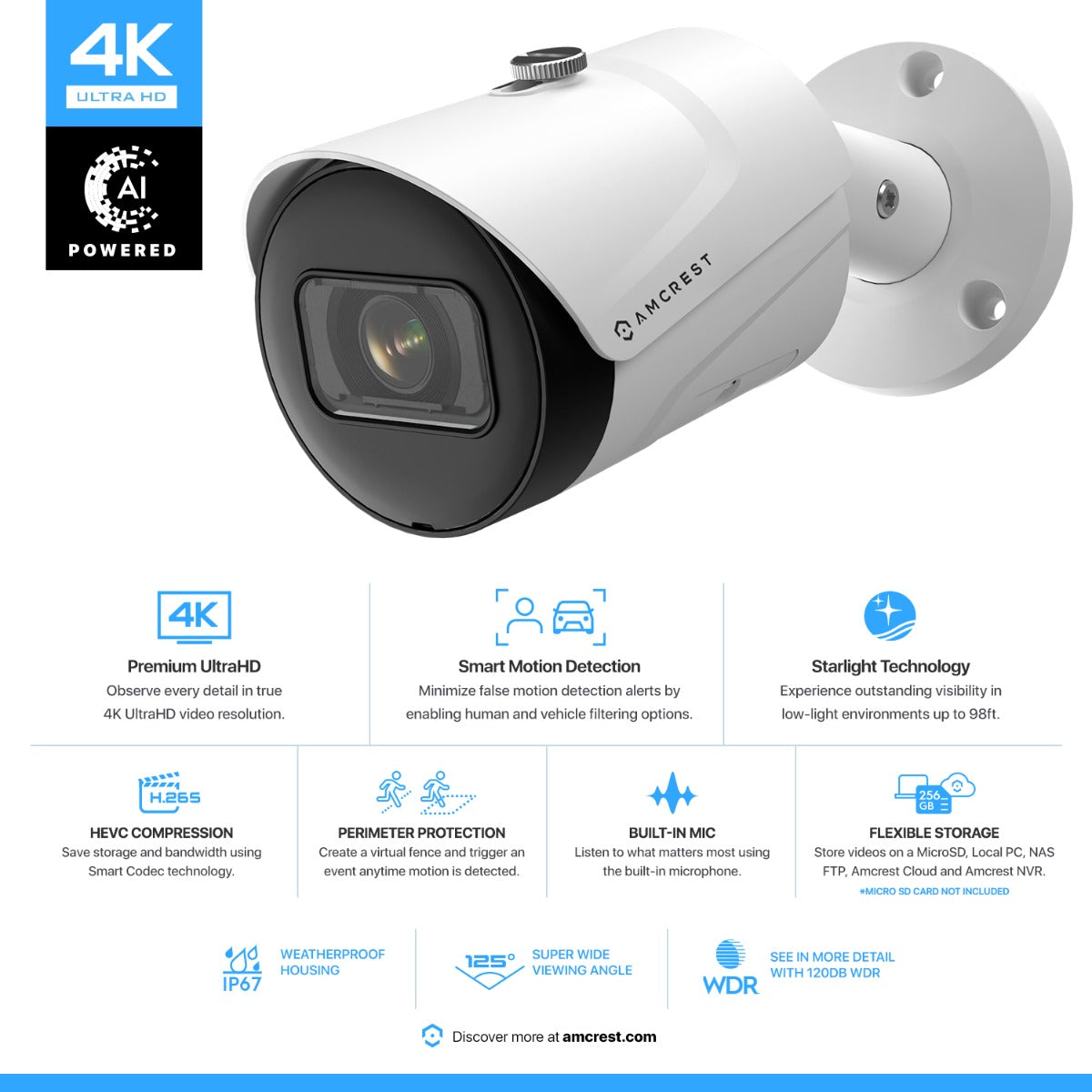 Amcrest 4K Outdoor Bullet PoE IP Camera, White IP8M-2496EW-AI-V3