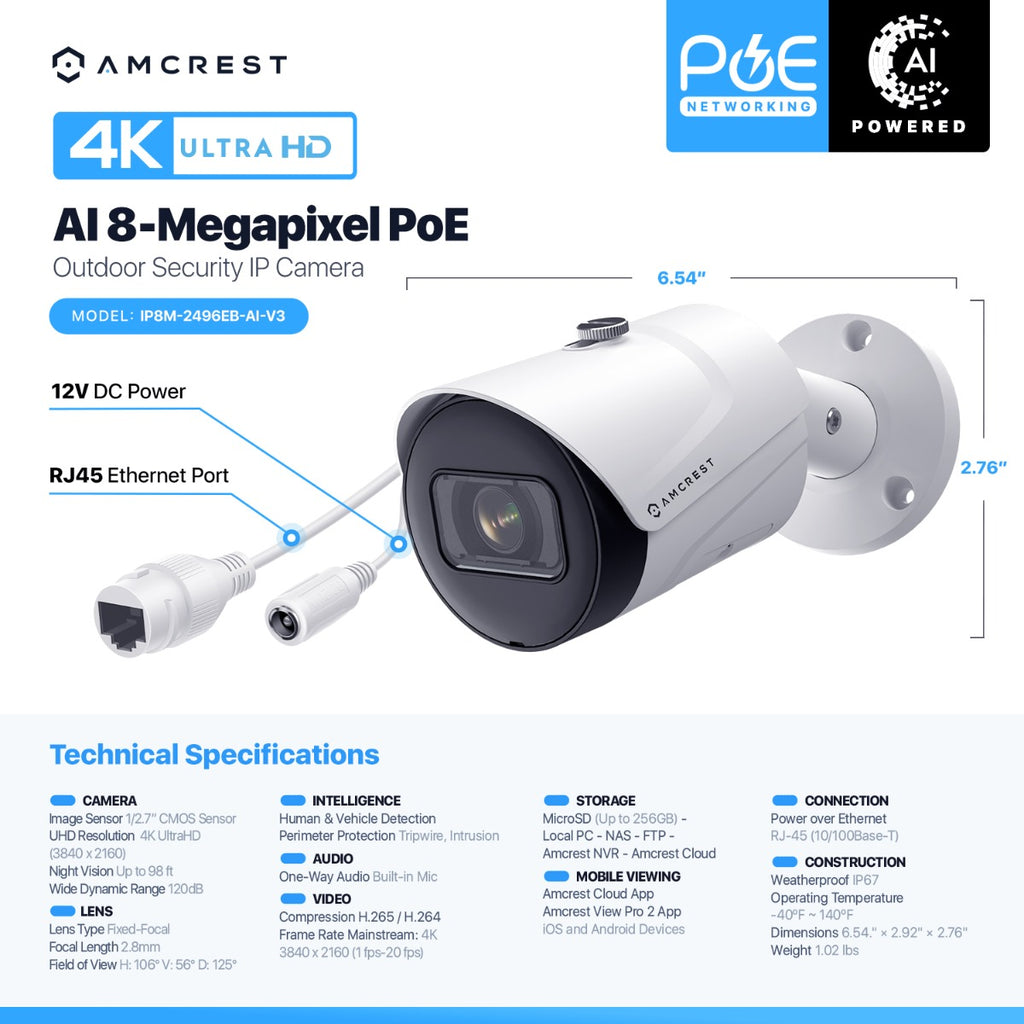 Amcrest 4K Outdoor Bullet PoE IP Camera, White IP8M-2496EW-AI-V3