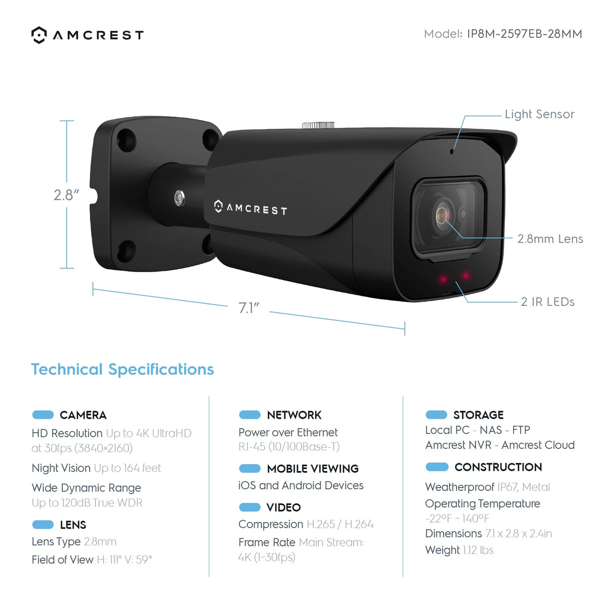 Amcrest 4K POE Camera 30fps UltraHD 8MP Outdoor Bullet PoE IP Camera, 164ft Night Vision, 2.8mm Wide Lens, 111° Viewing Angle, IP67 Weatherproof, 4K (3840x2160) @30fps, Black (IP8M-2597EB-28MM)