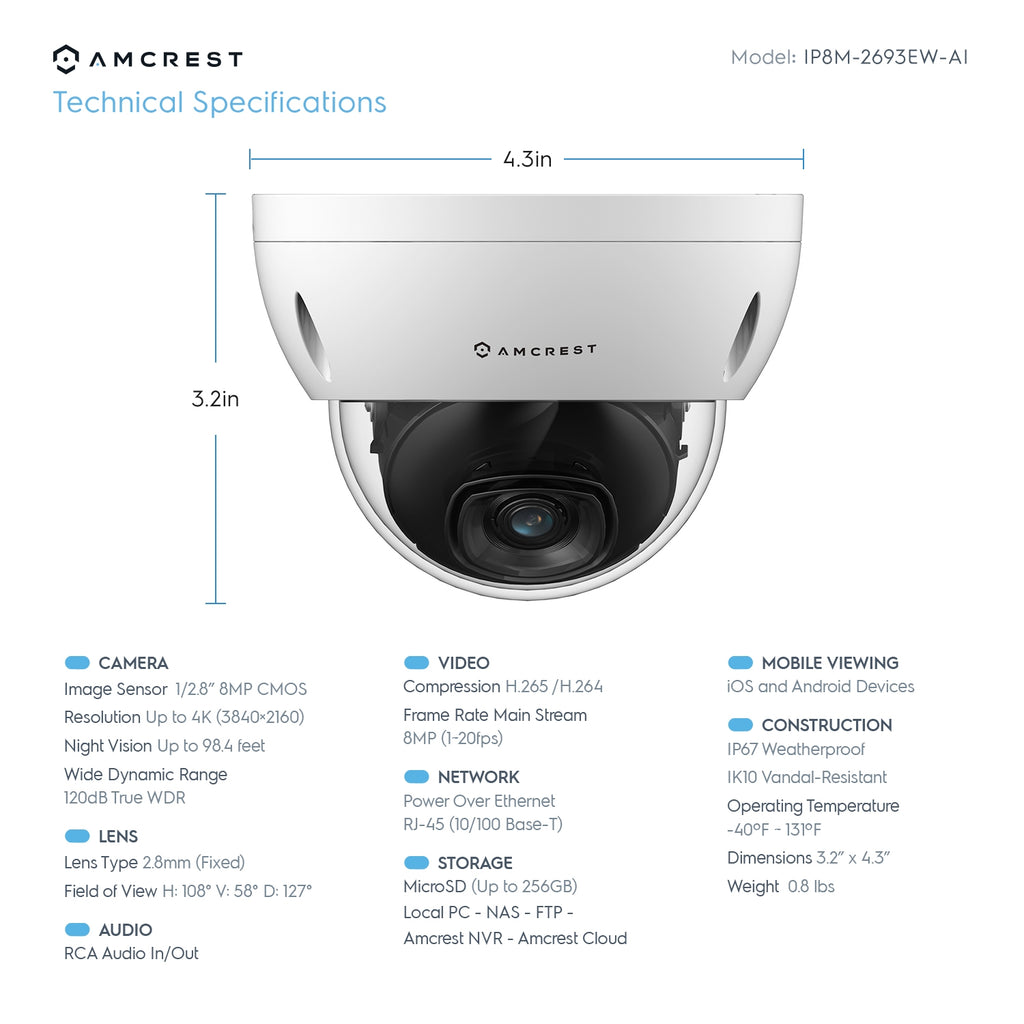 Amcrest 4K Security Camera System w/ 4K 8CH PoE NVR, 4 x 4K (8MP) IP67 Weatherproof Dome POE IP Cameras, 2.8mm Wide Angle Lens, NV5208E-IP8M-2693EW4-2TB (White)