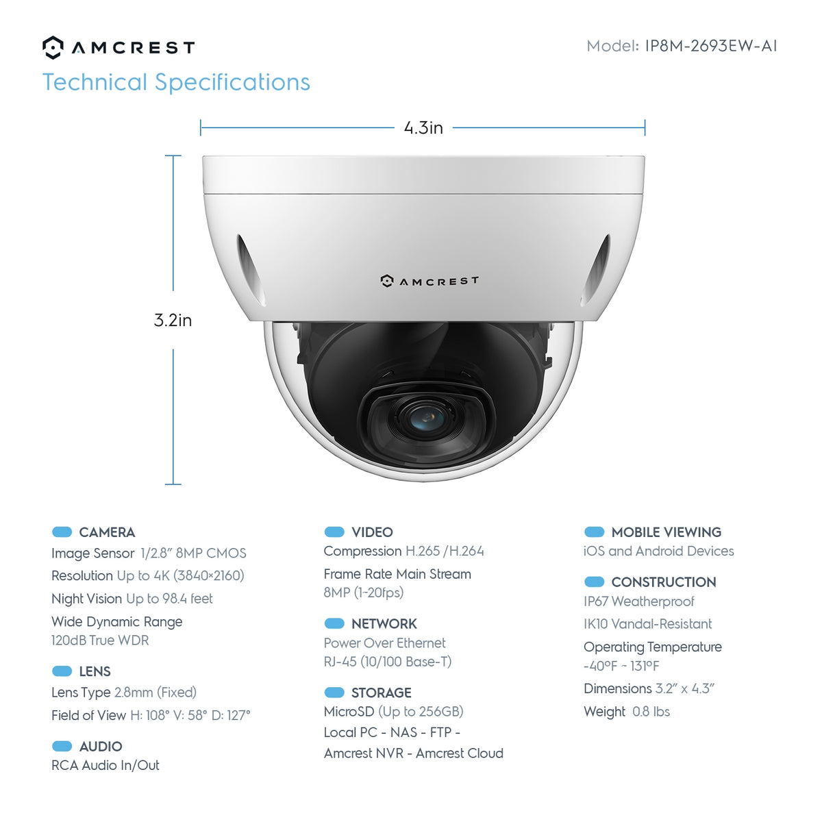 Amcrest 4K Security Camera System w/ 4K 8CH PoE NVR, 4 x 4K (8MP) IP67 Weatherproof Dome POE IP Cameras, 2.8mm Wide Angle Lens, NV5208E-IP8M-2693EW4-2TB (White)